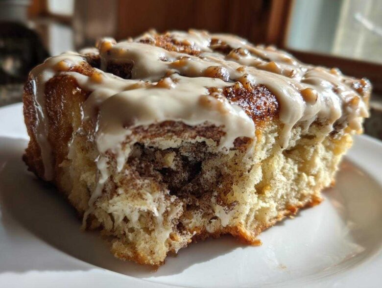 A close-up of a single, gooey Biscoff Cookie Butter Cinnamon Rolls slice topped with thick, light brown icing and nuts.