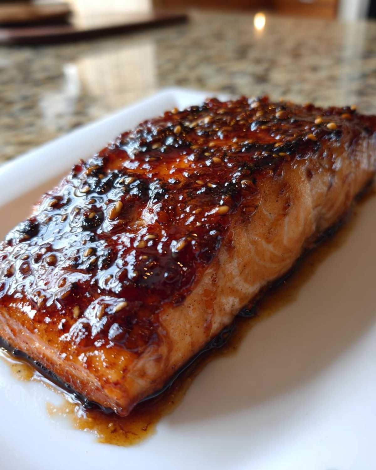 Close-up of a perfectly cooked salmon fillet coated in a thick, shiny Brown Sugar Teriyaki Salmon Glaze and sesame seeds.