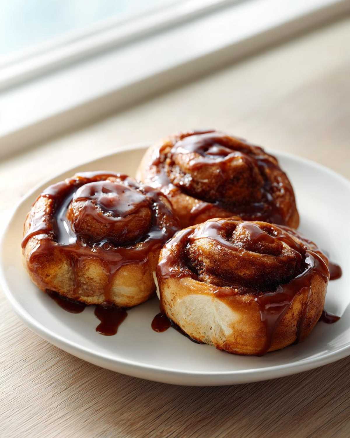 Three freshly baked Coffee Rolls generously topped with thick, glossy caramel glaze, served on a white plate.