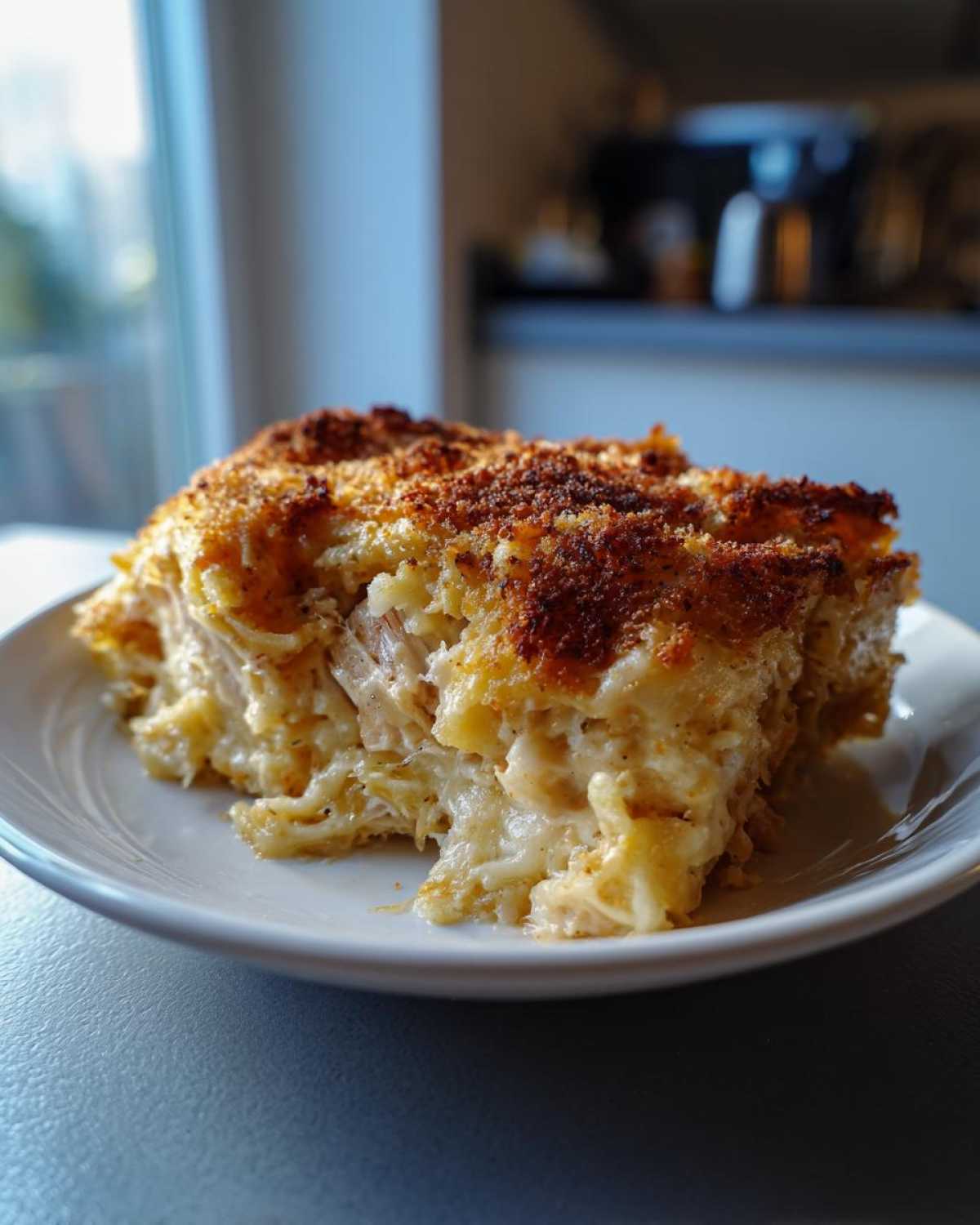 A generous serving of Cheesy Baked Chicken Alfredo with a golden, crispy topping on a white plate.