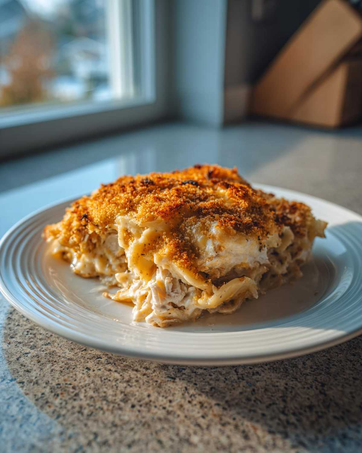 A generous serving of Cheesy Baked Chicken Alfredo with Crispy Top on a white plate, showing creamy pasta and golden breadcrumbs.