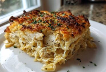 A generous slice of Cheesy Baked Chicken Alfredo with Crispy Top, showing creamy pasta, chicken, and a golden-brown crust.