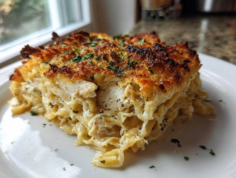 A generous slice of Cheesy Baked Chicken Alfredo with Crispy Top, showing creamy pasta, chicken, and a golden-brown crust.