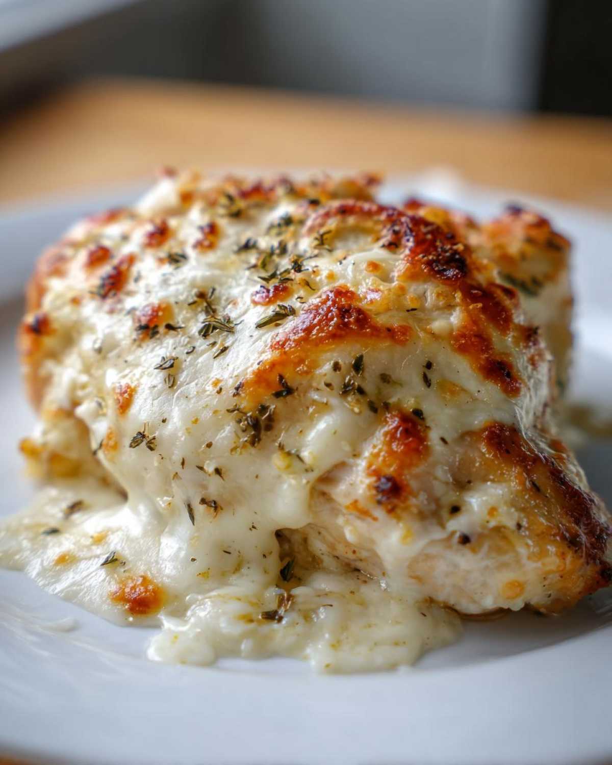 Close-up of a juicy piece of Cheesy Baked Chicken with Cream Sauce, topped with melted, browned cheese and herbs.