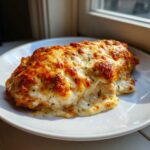 A close-up of Cheesy Baked Chicken with Cream Sauce, topped with bubbly, browned cheese.