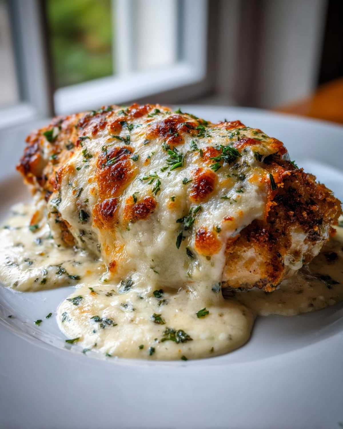 A close-up of Cheesy Baked Chicken with Cream Sauce, topped with melted, browned cheese and parsley.
