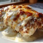 A close-up of a piece of Cheesy Baked Chicken with Cream Sauce, topped with melted, browned cheese.