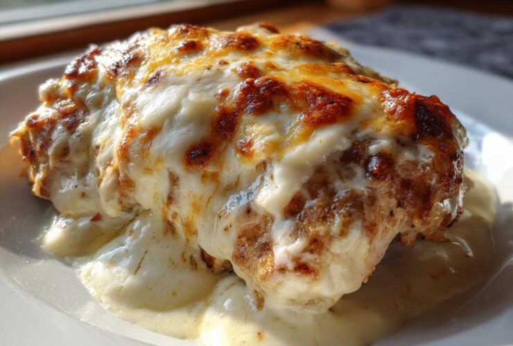 A close-up of a piece of Cheesy Baked Chicken with Cream Sauce, topped with melted, browned cheese.