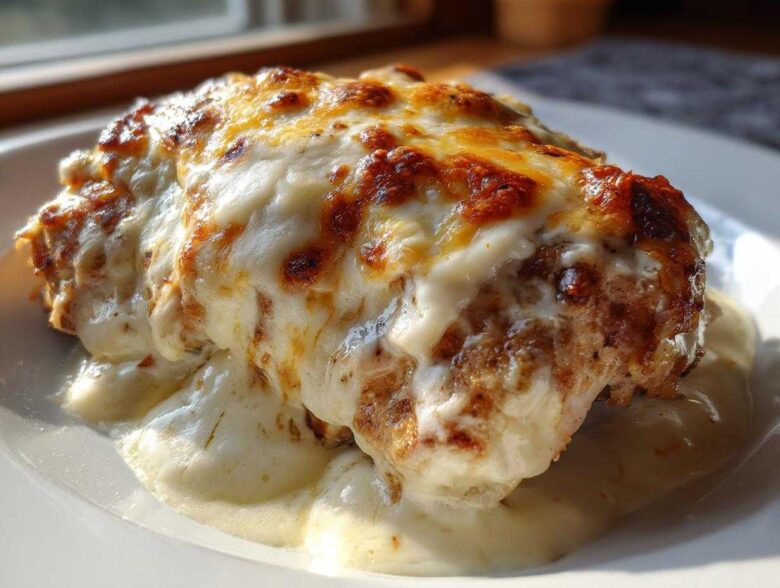 A close-up of a piece of Cheesy Baked Chicken with Cream Sauce, topped with melted, browned cheese.