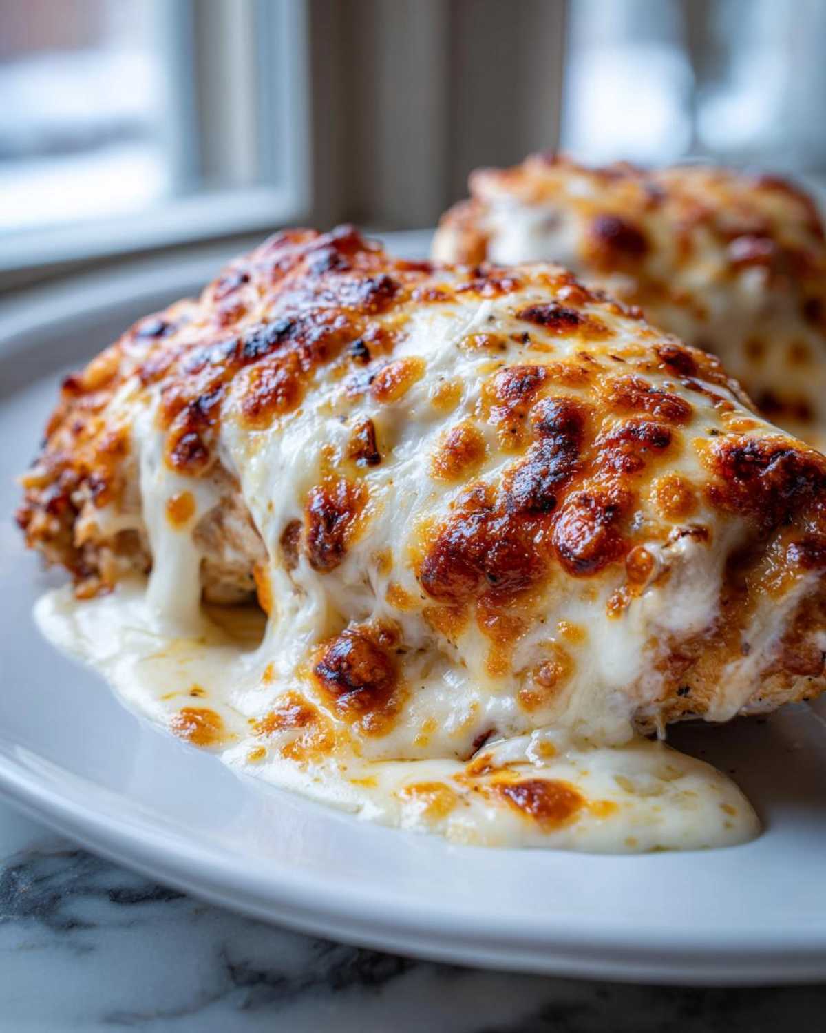 Close-up of Cheesy Baked Chicken with Cream Sauce, featuring bubbly, browned, and melted white cheese.