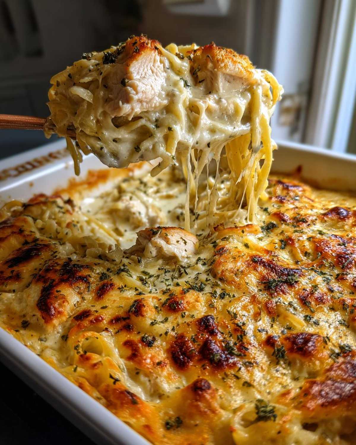 A spoonful of Cheesy Chicken Alfredo Bake showing melted, stretchy cheese and pieces of chicken over the baked pasta dish.