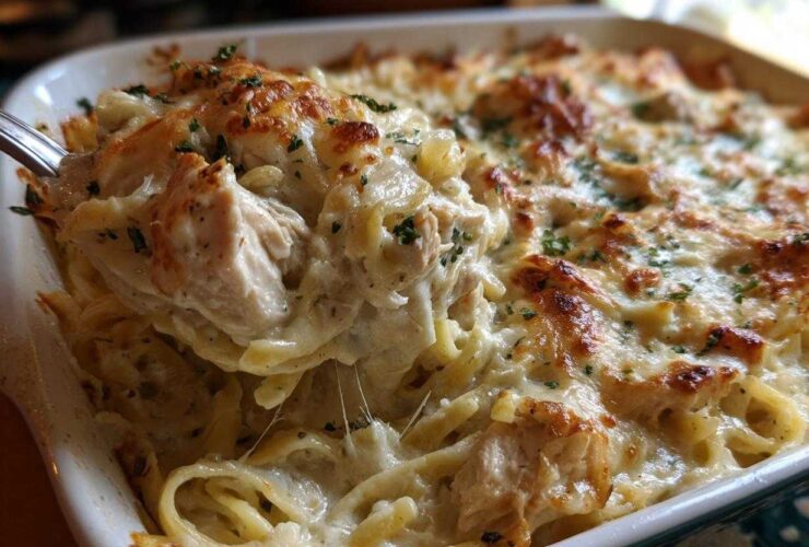 A spoonful of Cheesy Chicken Alfredo Bake with Creamy Sauce being lifted from a white baking dish, showing melted cheese pull.
