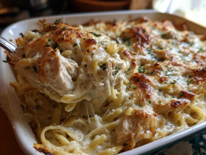 A spoonful of Cheesy Chicken Alfredo Bake with Creamy Sauce being lifted from a white baking dish, showing melted cheese pull.