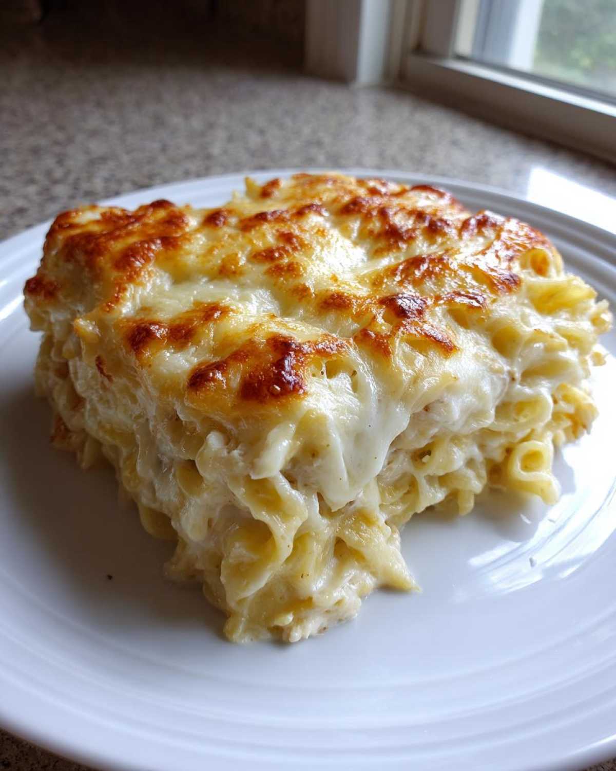 A square serving of Cheesy Chicken Alfredo Bake with Mozzarella, featuring a golden-brown, bubbly cheese crust.