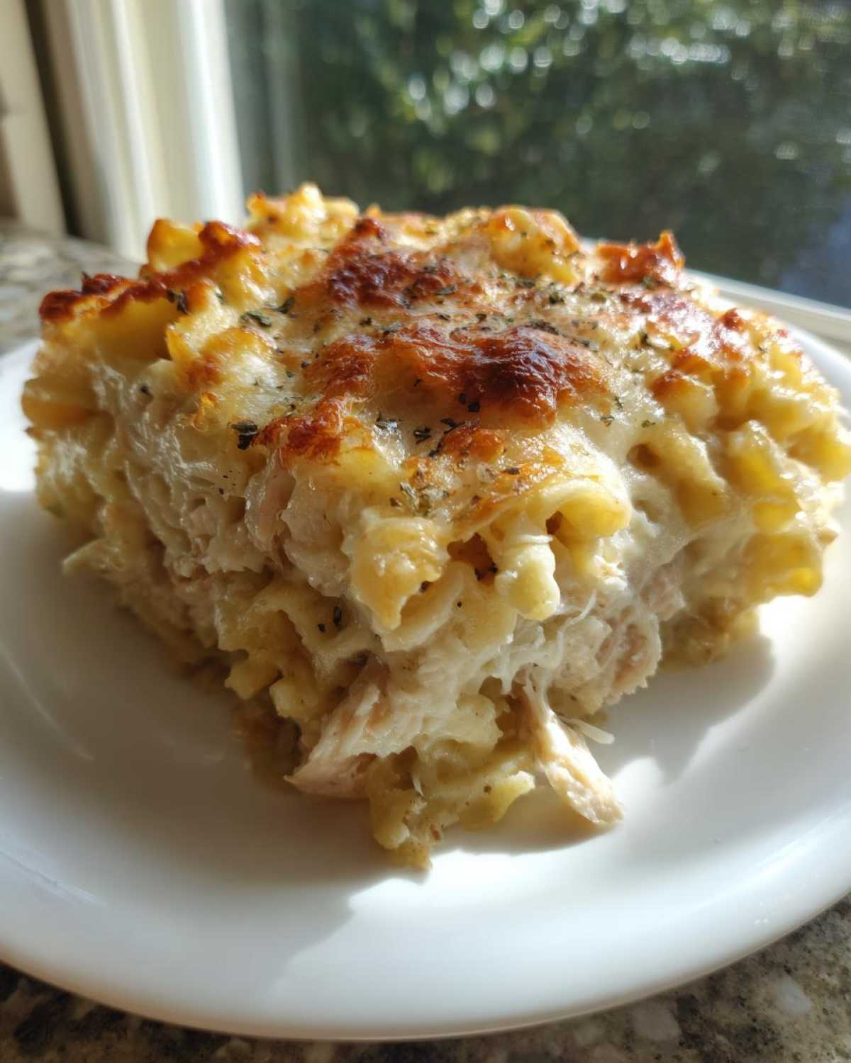 A close-up of a thick slice of Cheesy Chicken Alfredo Bake with Mozzarella, featuring baked, browned cheese on top.