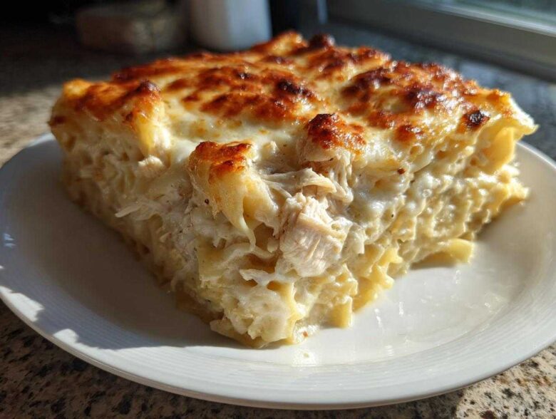A generous slice of Cheesy Chicken Alfredo Bake with Mozzarella featuring creamy sauce and golden-brown topping.
