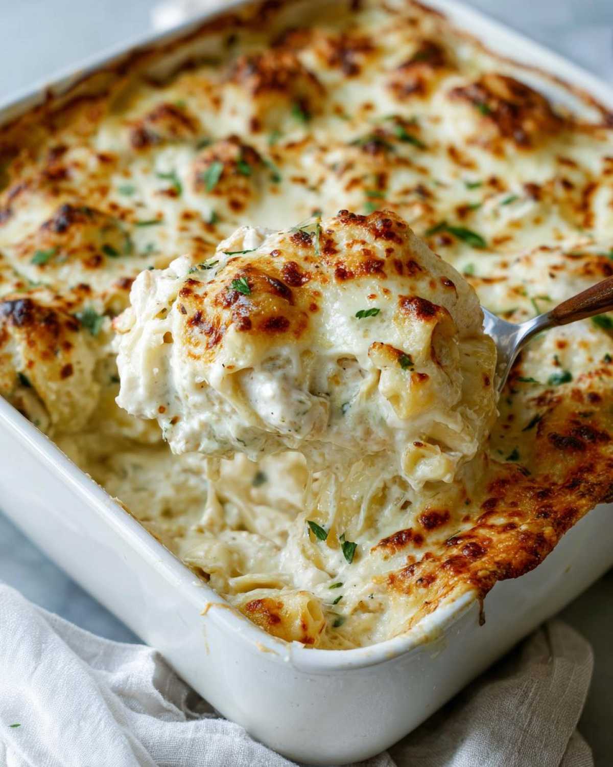 A spoonful of Cheesy Chicken Alfredo Bake lifted from a white baking dish, showing creamy sauce and browned cheese topping.