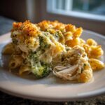 A close-up serving of Cheesy Chicken and Broccoli Pasta Bake with melted cheese and a golden breadcrumb topping.