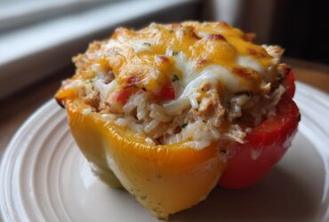 A single, baked Cheesy Chicken and Rice Stuffed Pepper, featuring melted golden cheese on top of a rice and chicken filling.