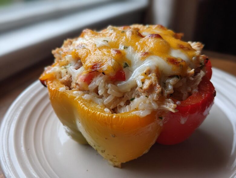 A single, baked Cheesy Chicken and Rice Stuffed Pepper, featuring melted golden cheese on top of a rice and chicken filling.