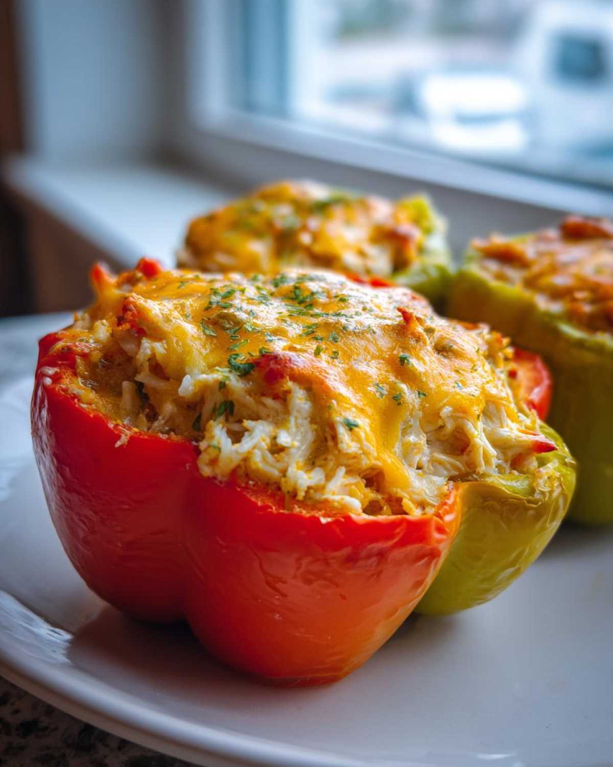 Close-up of vibrant Cheesy Chicken and Rice Stuffed Peppers, featuring melted cheddar on top.