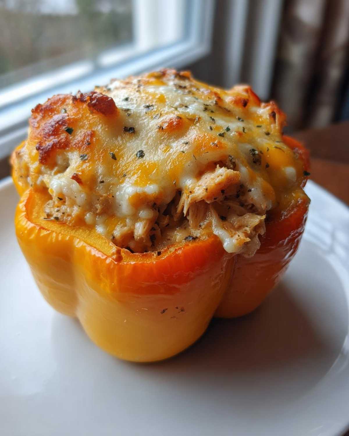 A single, bright yellow Cheesy Chicken and Rice Stuffed Pepper topped with melted, bubbly cheese and herbs.