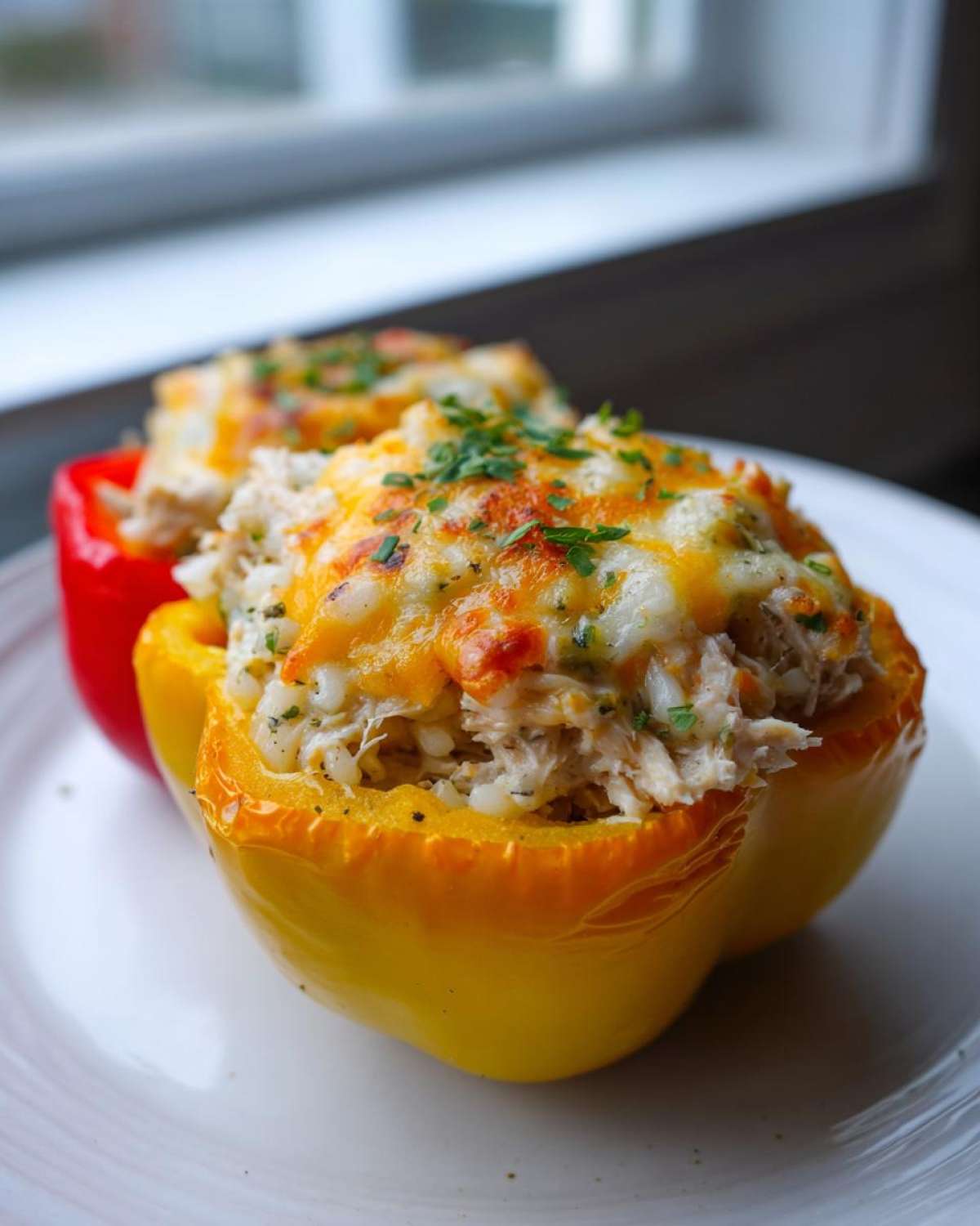 Close-up of a bright yellow Cheesy Chicken and Rice Stuffed Pepper topped with melted cheese and parsley.