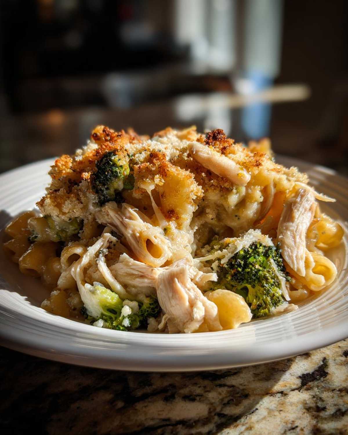 A close-up serving of Cheesy Chicken and Broccoli Pasta Bake with a golden breadcrumb topping.