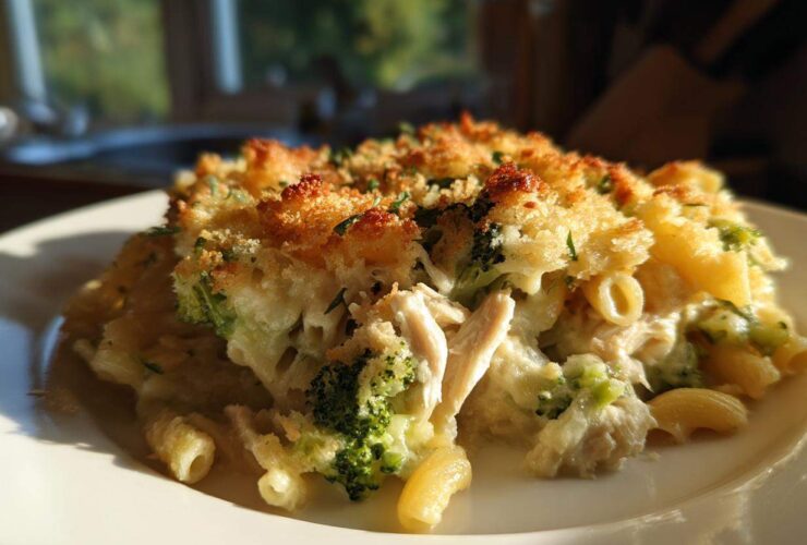 Close-up of a serving of Cheesy Chicken and Broccoli Pasta Bake with a golden, crunchy breadcrumb topping.