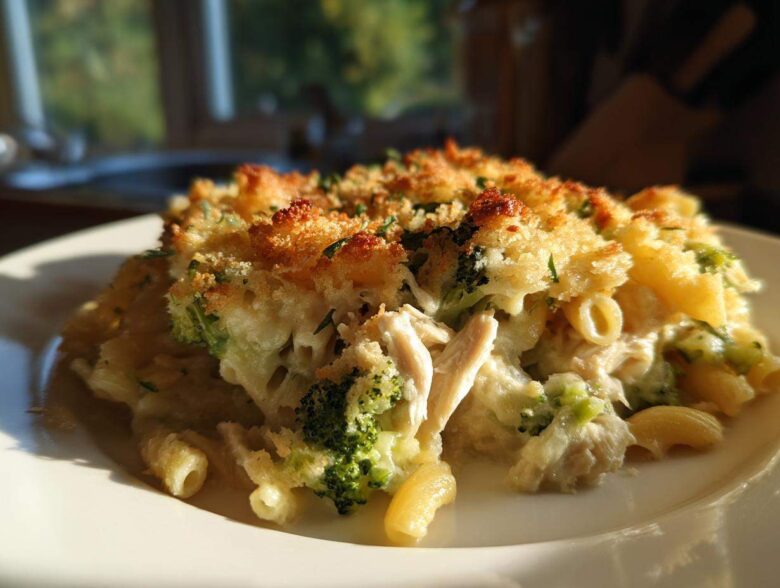 Close-up of a serving of Cheesy Chicken and Broccoli Pasta Bake with a golden, crunchy breadcrumb topping.