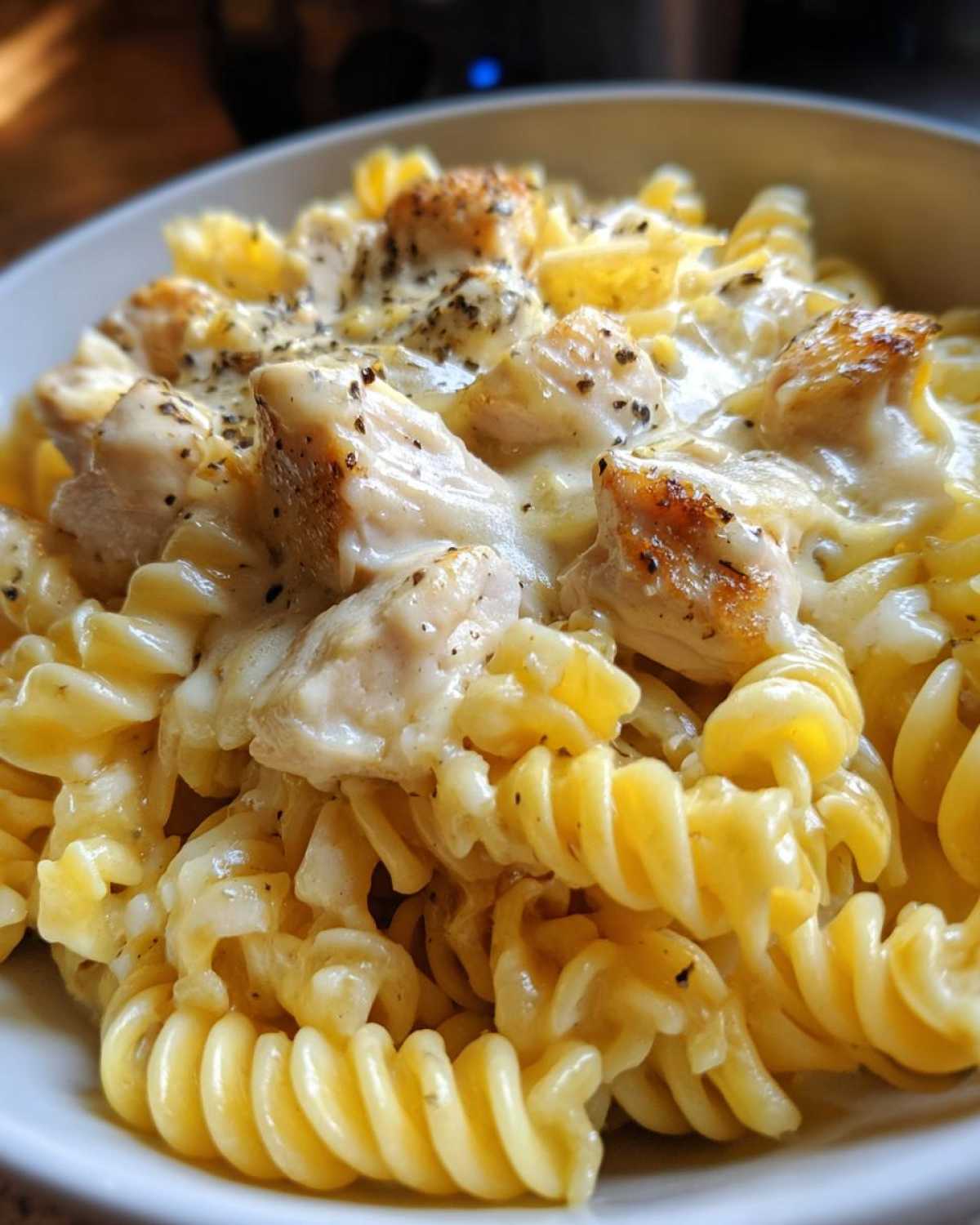 Extreme close-up of rotini pasta coated in a rich, orange, creamy sauce, representing Cheesy Chicken Pasta with Creamy Sauce.