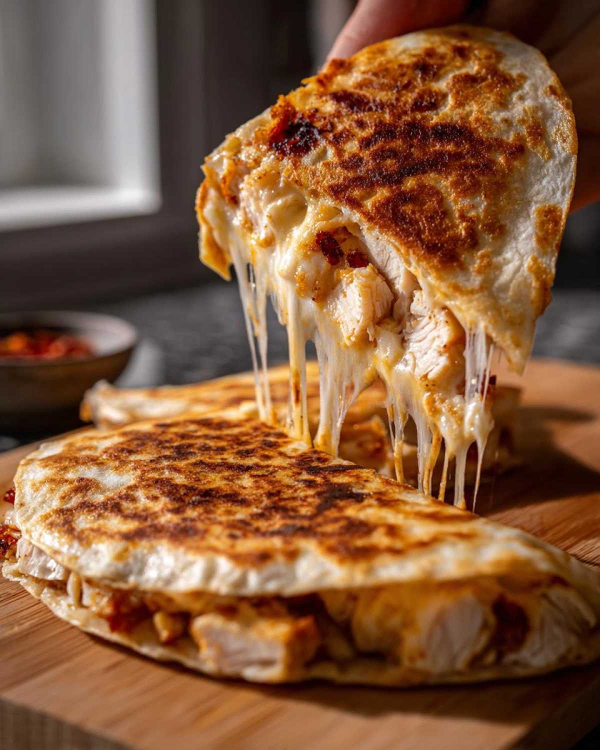 A hand lifts a piece of Cheesy Chicken Quesadilla, showing incredible melted cheese stretching between the halves.