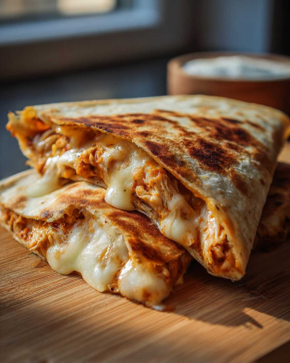 Close-up of a Cheesy Chicken Quesadilla with Crispy Tortilla, showing melted cheese oozing out over shredded chicken filling.