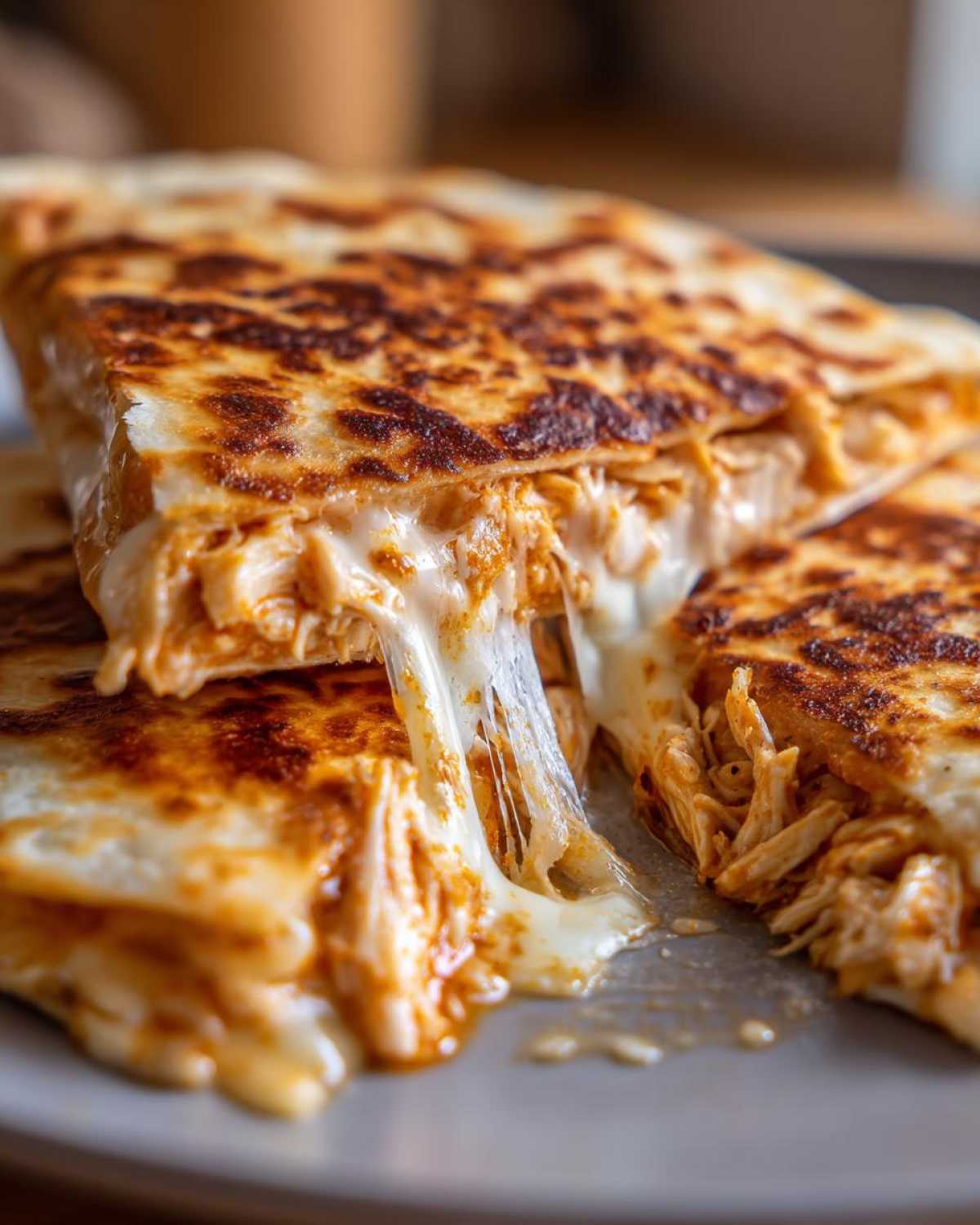 Close-up of a Cheesy Chicken Quesadilla with crispy tortilla, showing extreme cheese pull between two cut sections.