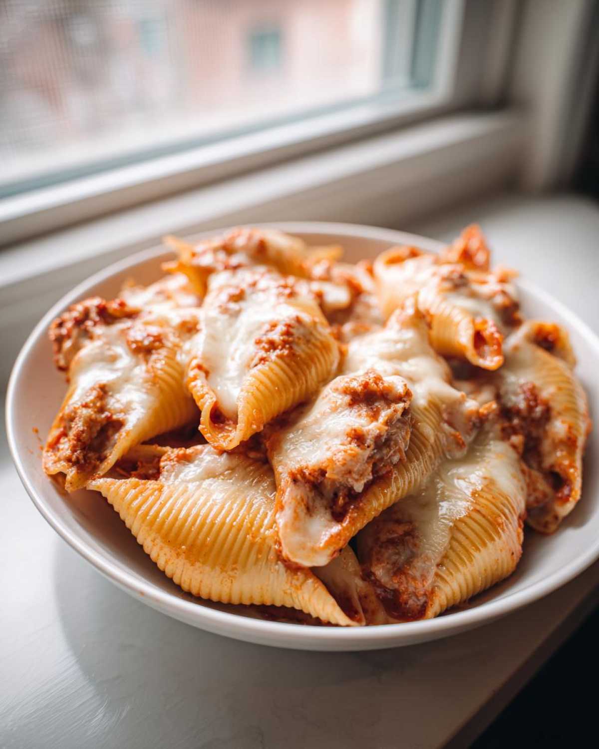 A white bowl filled with baked Cheesy Chicken Stuffed Pasta shells topped with melted mozzarella cheese and tomato sauce.