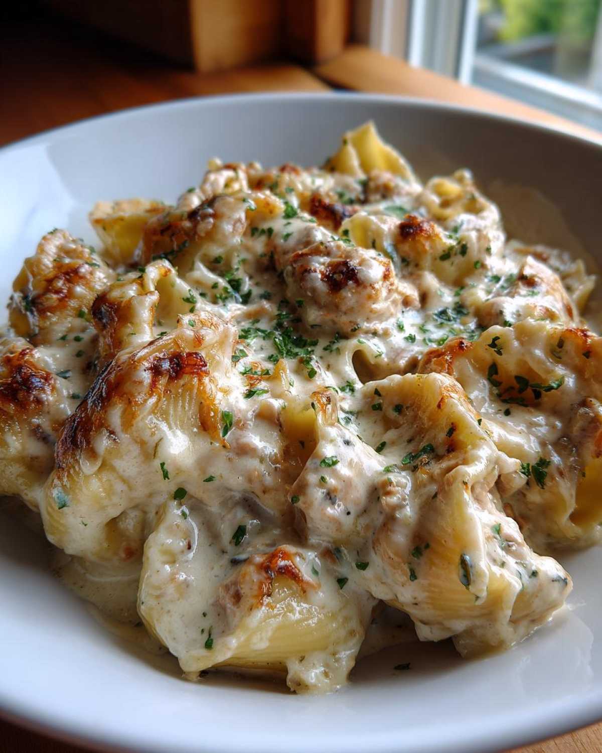Close-up of Cheesy Chicken Stuffed Pasta shells covered in a rich cream sauce and baked until golden brown.