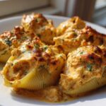 Close-up of baked Cheesy Chicken Stuffed Pasta shells topped with browned cheese and parsley.