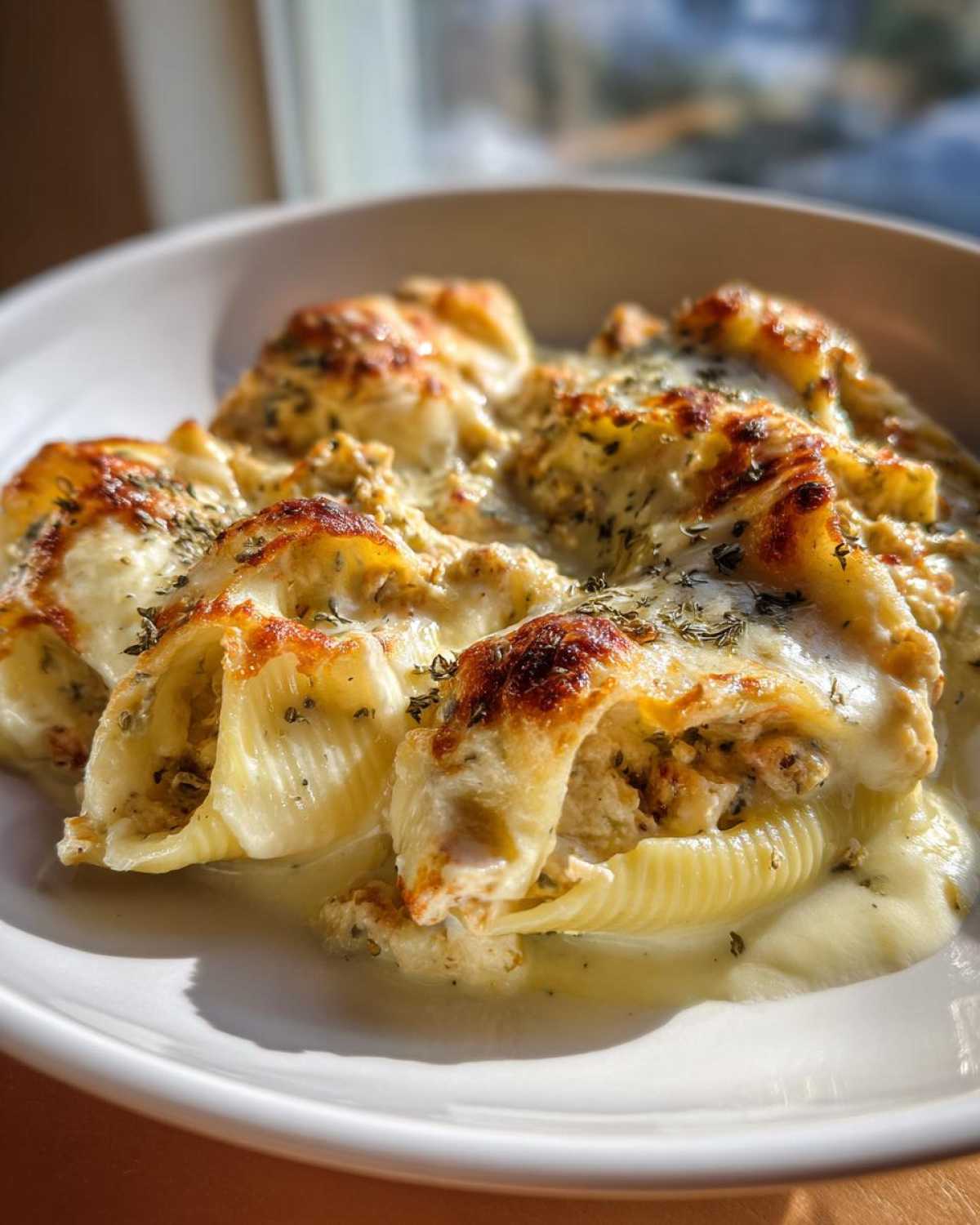 Close-up of baked Cheesy Chicken Stuffed Pasta with a golden, bubbly cheese topping and cream sauce.