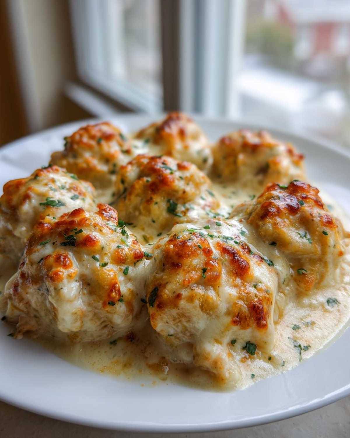 Close-up of baked Cheesy Chicken Stuffed Pasta generously covered in melted, browned cheese and rich cream sauce.