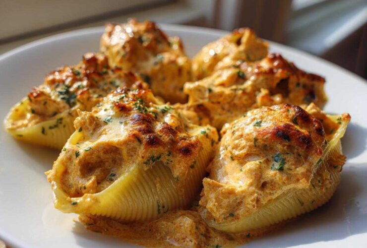 Close-up of baked Cheesy Chicken Stuffed Pasta shells topped with browned cheese and parsley.