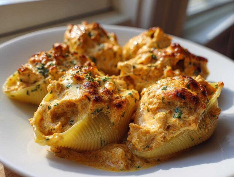 Close-up of baked Cheesy Chicken Stuffed Pasta shells topped with browned cheese and parsley.
