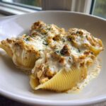 Three jumbo shells filled with shredded chicken and topped with melted cheese and herbs, served in a bowl of Cheesy Chicken Stuffed Pasta with Cream Sauce.