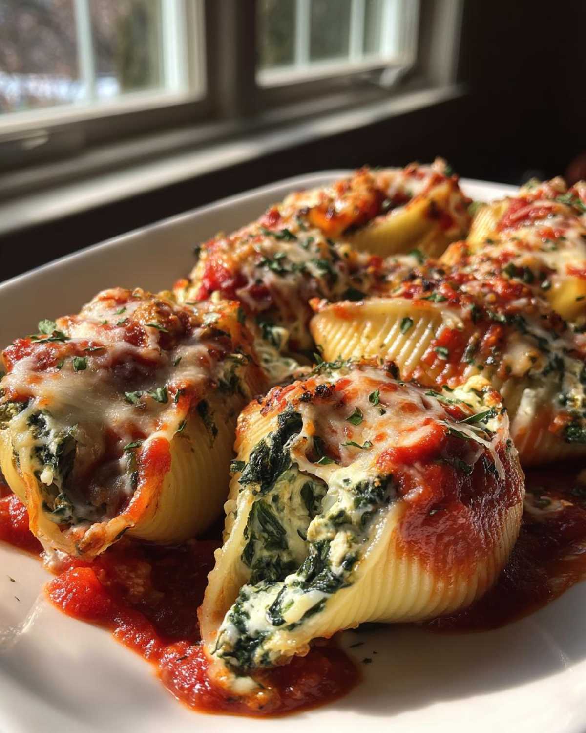 Close-up of baked Cheesy Chicken Stuffed Shells with Spinach, topped with melted cheese and marinara sauce.
