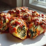 Close-up of baked Cheesy Chicken Stuffed Shells with Spinach covered in marinara sauce and melted cheese.