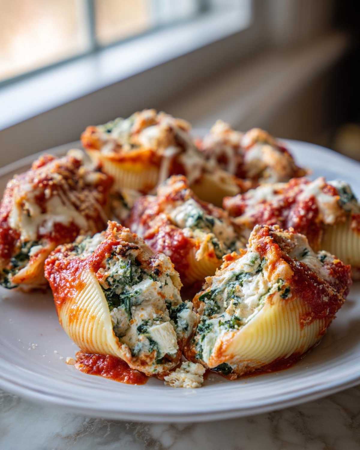 A plate of baked Cheesy Chicken Stuffed Shells with Spinach, covered in marinara sauce and melted cheese.