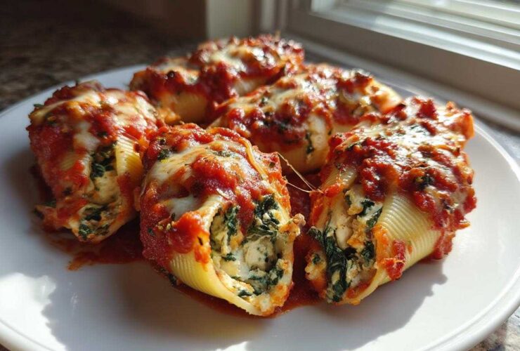 Close-up of baked Cheesy Chicken Stuffed Shells with Spinach covered in marinara sauce and melted cheese.