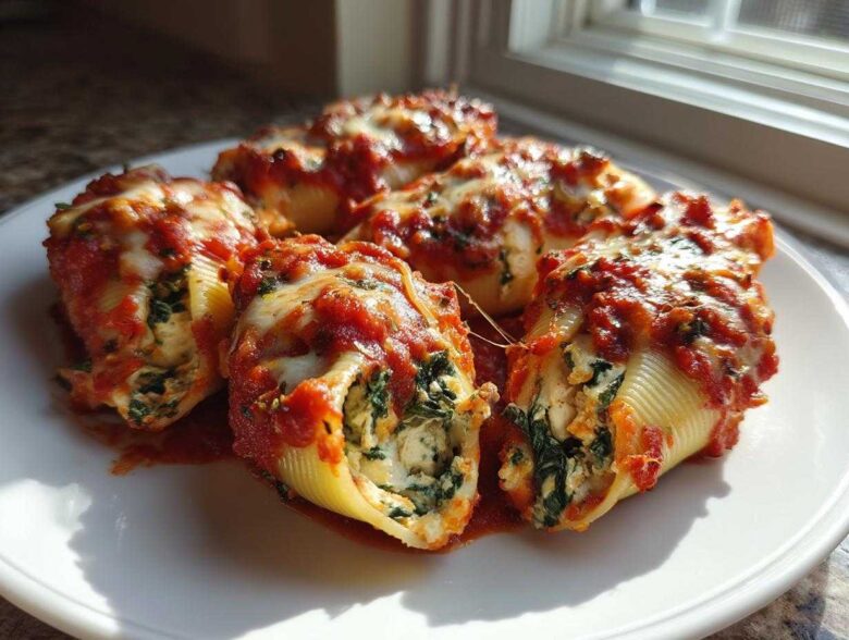 Close-up of baked Cheesy Chicken Stuffed Shells with Spinach covered in marinara sauce and melted cheese.
