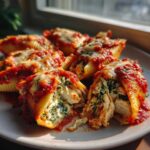 A plate of baked Cheesy Chicken Stuffed Shells with Spinach, cut open to show the filling.