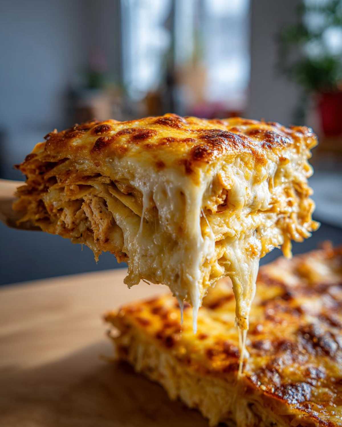 A serving of Cheesy Chicken Tortilla Bake being lifted, showing extreme cheese pull and golden-brown topping.