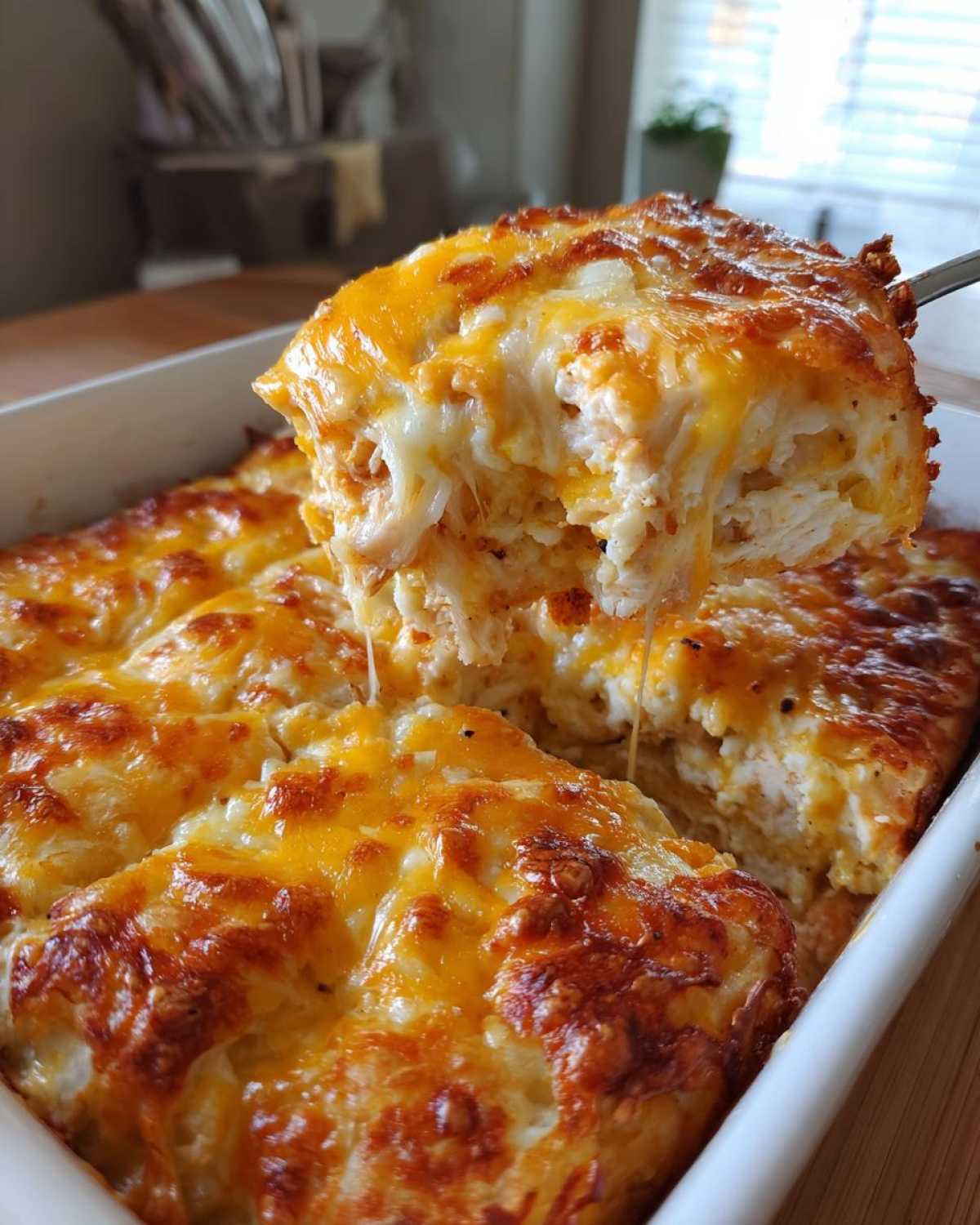 A serving of Cheesy Chicken Tortilla Bake being lifted from a white dish, showing gooey, melted cheddar cheese.